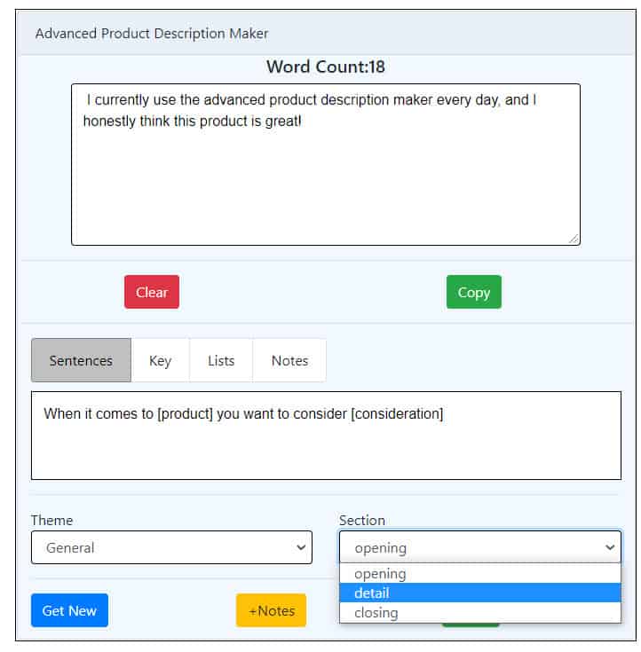 product description detail sentences